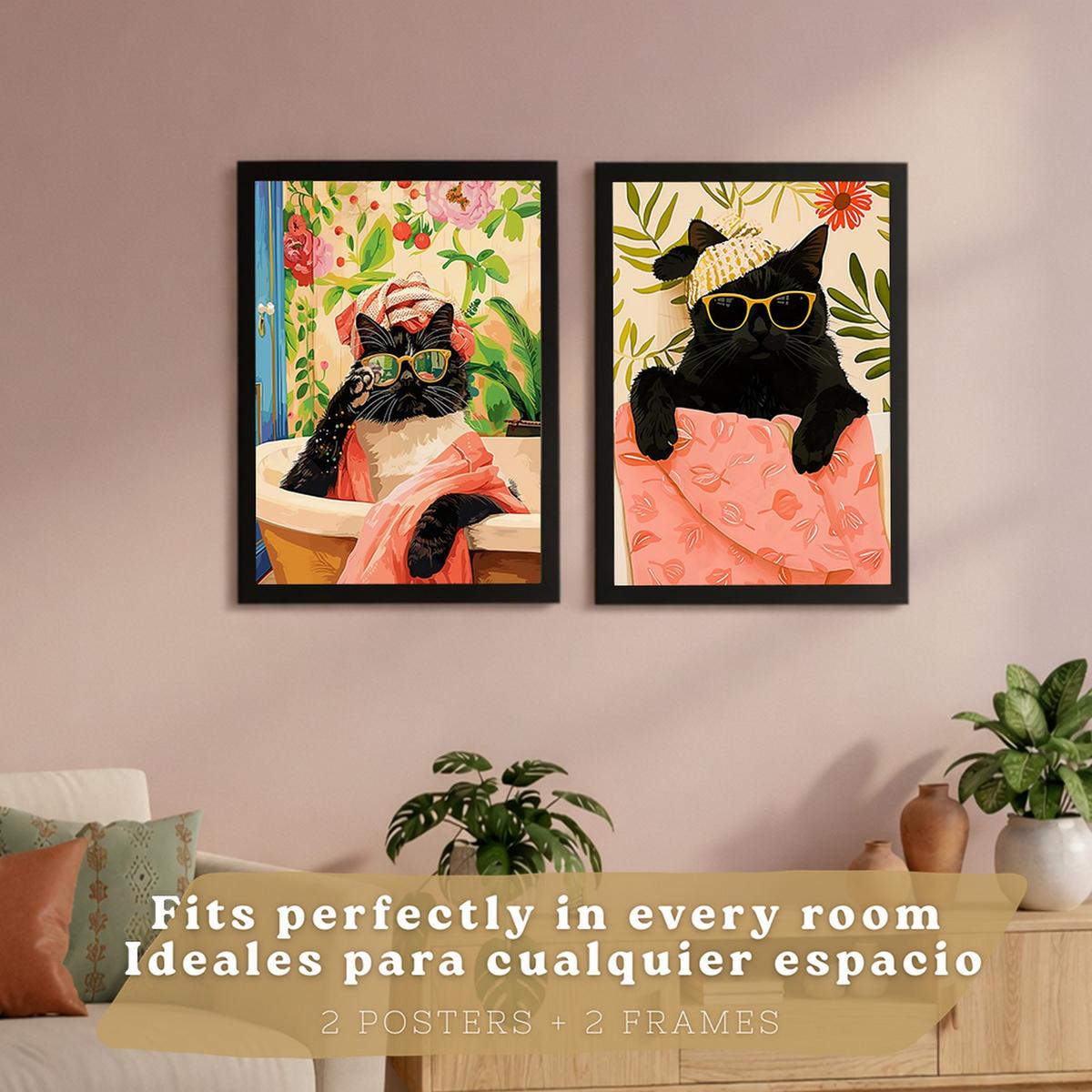 POSTER 2er Kunstdruck-Set Wandbilder Katzen Badezimmer modern Wohnzimmer Deko, Schlafzimmer, Küche Schwarzer Rahmen A4 - Schwarz, Papier (29.7/1/21cm) - Nacnic