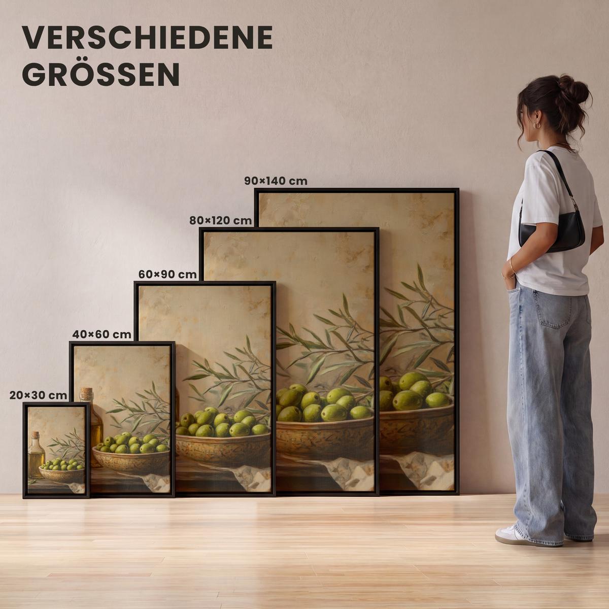 LEINWAND Bilder mit Rahmen - Oliven - Stilleben - Vintage - 80x120 - Olivgrün, Textil (80/120cm) - MuchoWow