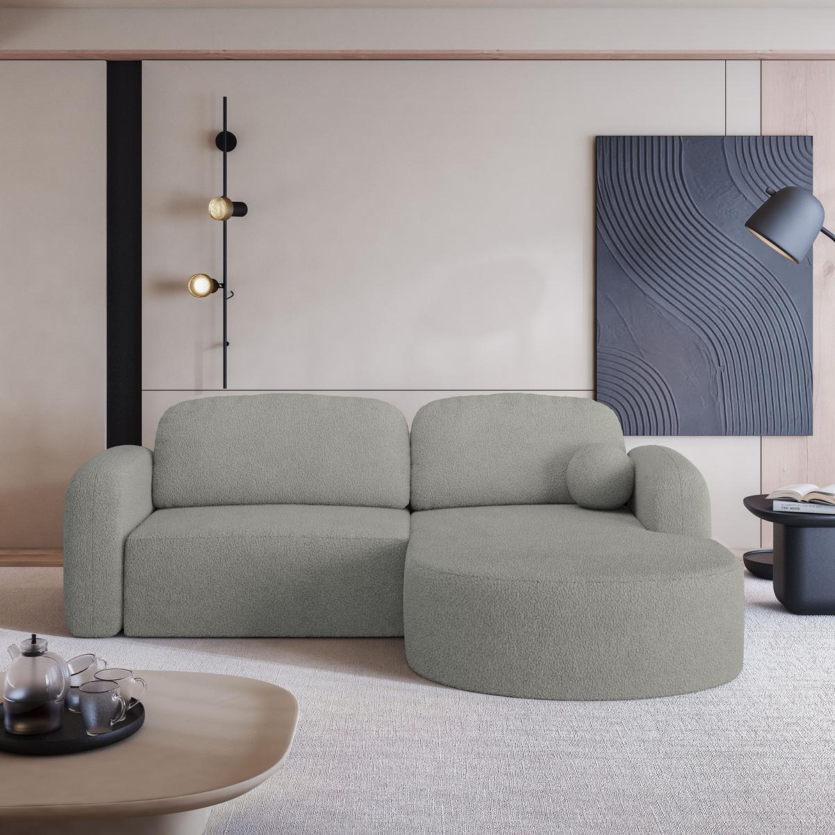 ECKSOFA AMILIA R-S Hellgrau Boucle-Stoff mit Schlaffunktion - Hellgrau, Holz (263/174cm) - MASSENO