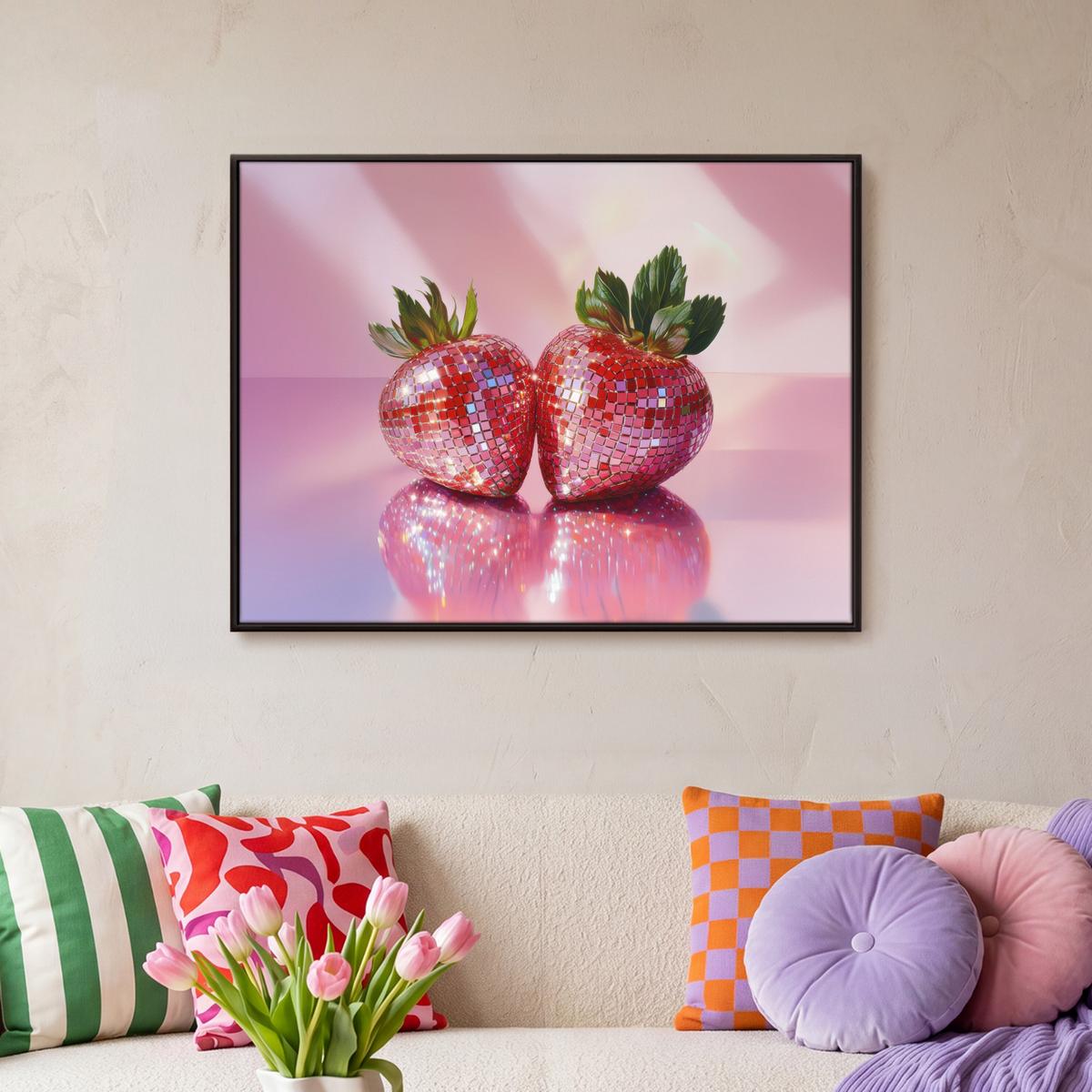 LEINWAND Bilder mit Rahmen - Disco - Obst - Glitzer - Erdbeere - 70x50 - Pink, Textil (70/50cm) - MuchoWow