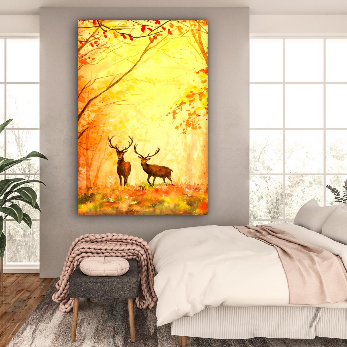 LEINWANDBILD Natur - Ölfarbe - Hirsche - Tiere - Herbst - Orange Deko Groß 90x140 cm - Orange, Textil (90/140cm) - MuchoWow