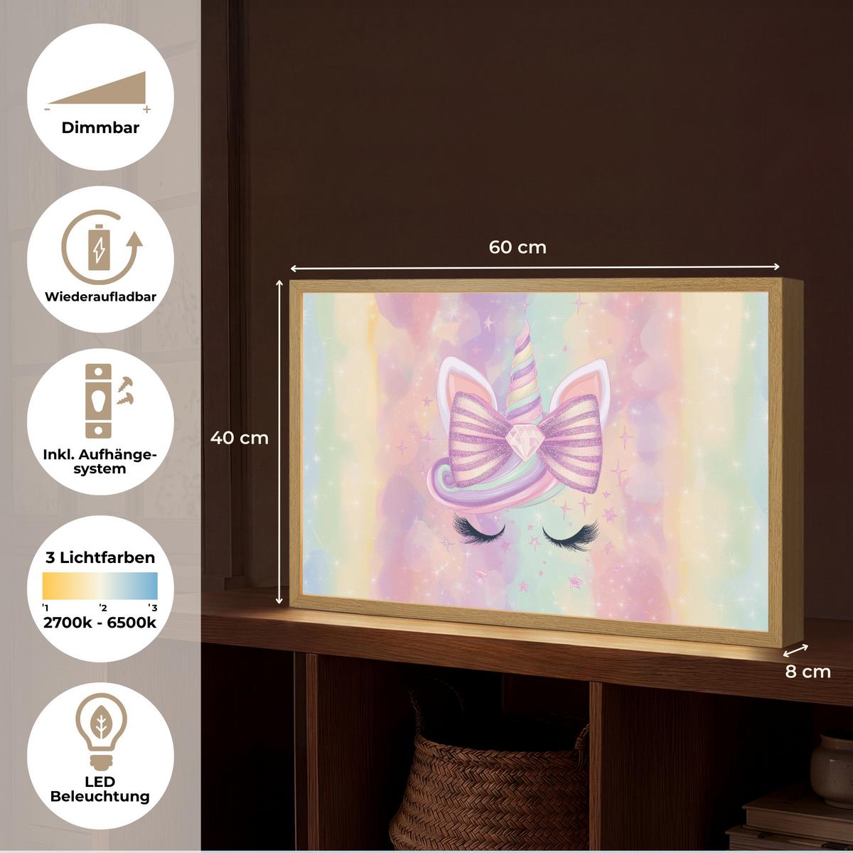 NACHTTISCHLAMPE MIT AKKU Einhorn - Glitzer - Regenbogen - Pastell 60x40 cm - Hellrosa, Holzwerkstoff (8/60/40cm) - OnlyWow