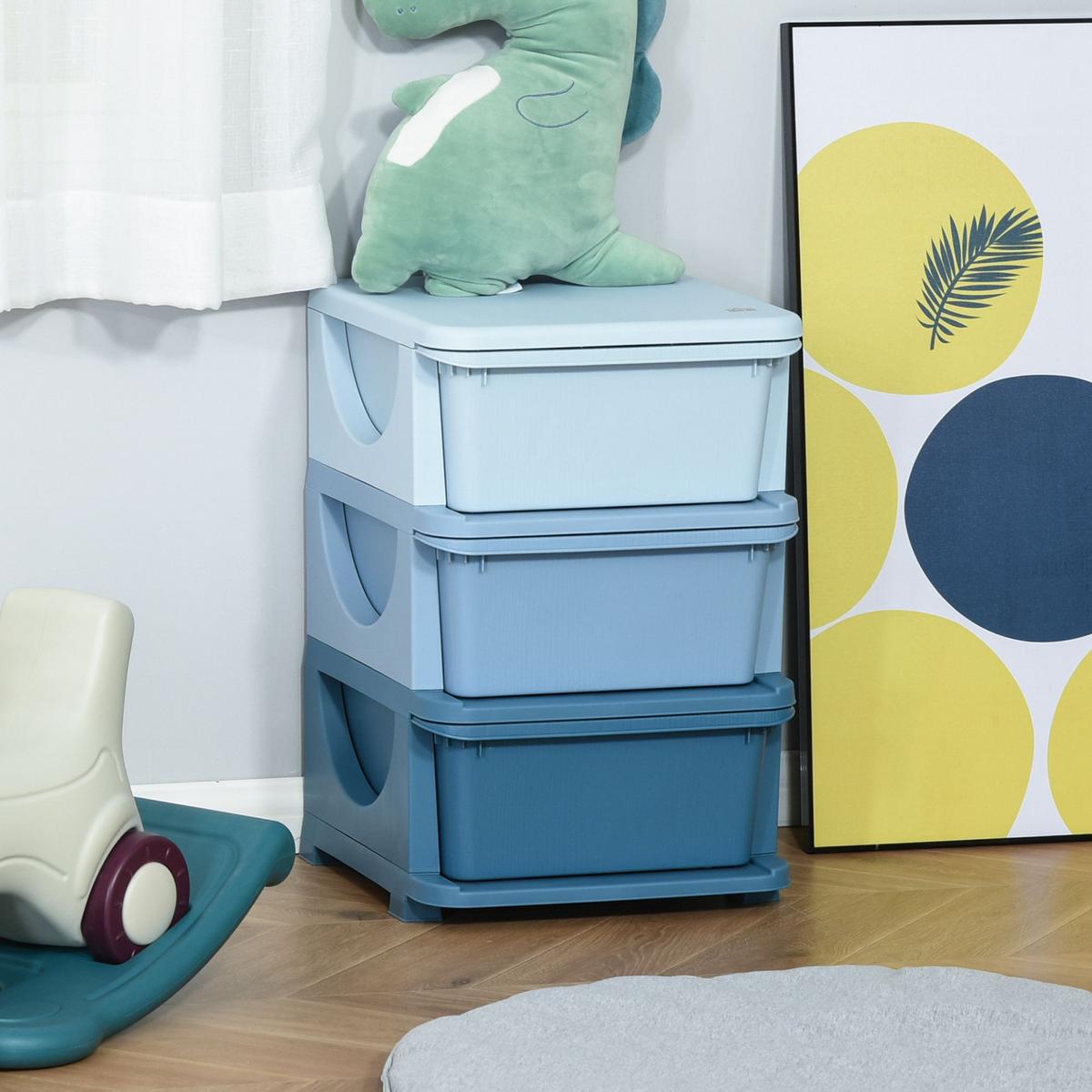AUFBEWAHRUNGSBOXEN für Kinder, 3 große Schubladen, Kunststoff, Blau - Blau, Kunststoff (37/56.5/37cm) - HOMCOM