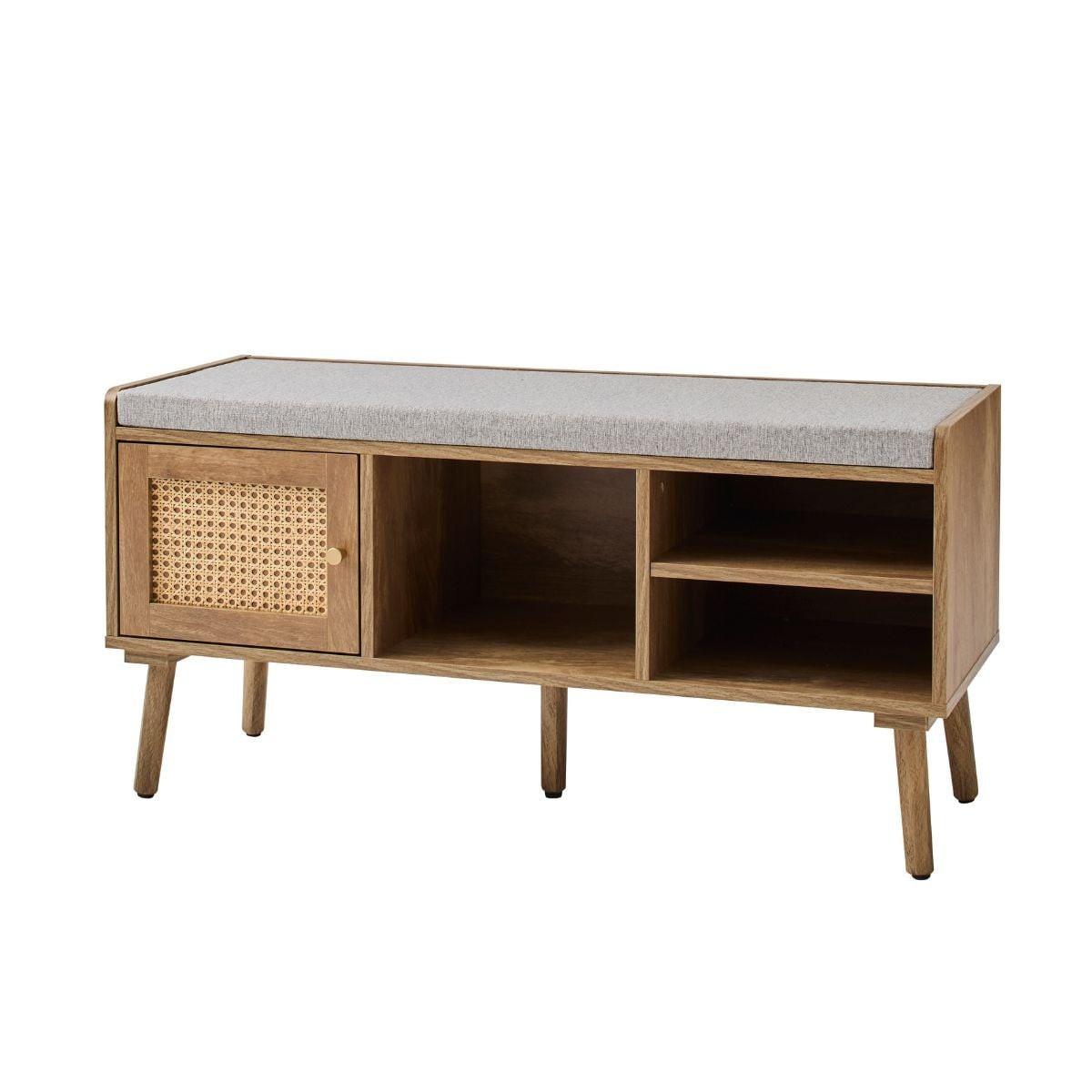 SCHUHBANK 1 Tür mit Rattanfront und 3 offenen Fächern L100 cm 39/100/49 cm - Eschefarben, Holzwerkstoff (46/49/39cm) - Calicosy
