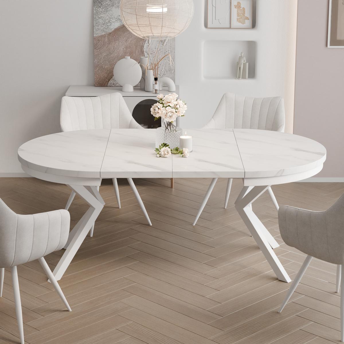 AUSZIEHTISCH MILTON 90-166/76 cm mit Metallgestell und Zarge, Weiß / Bianco Marmor - Perlmutt/Weiß, Holzwerkstoff/Metall (90/90/76cm) - Idohome