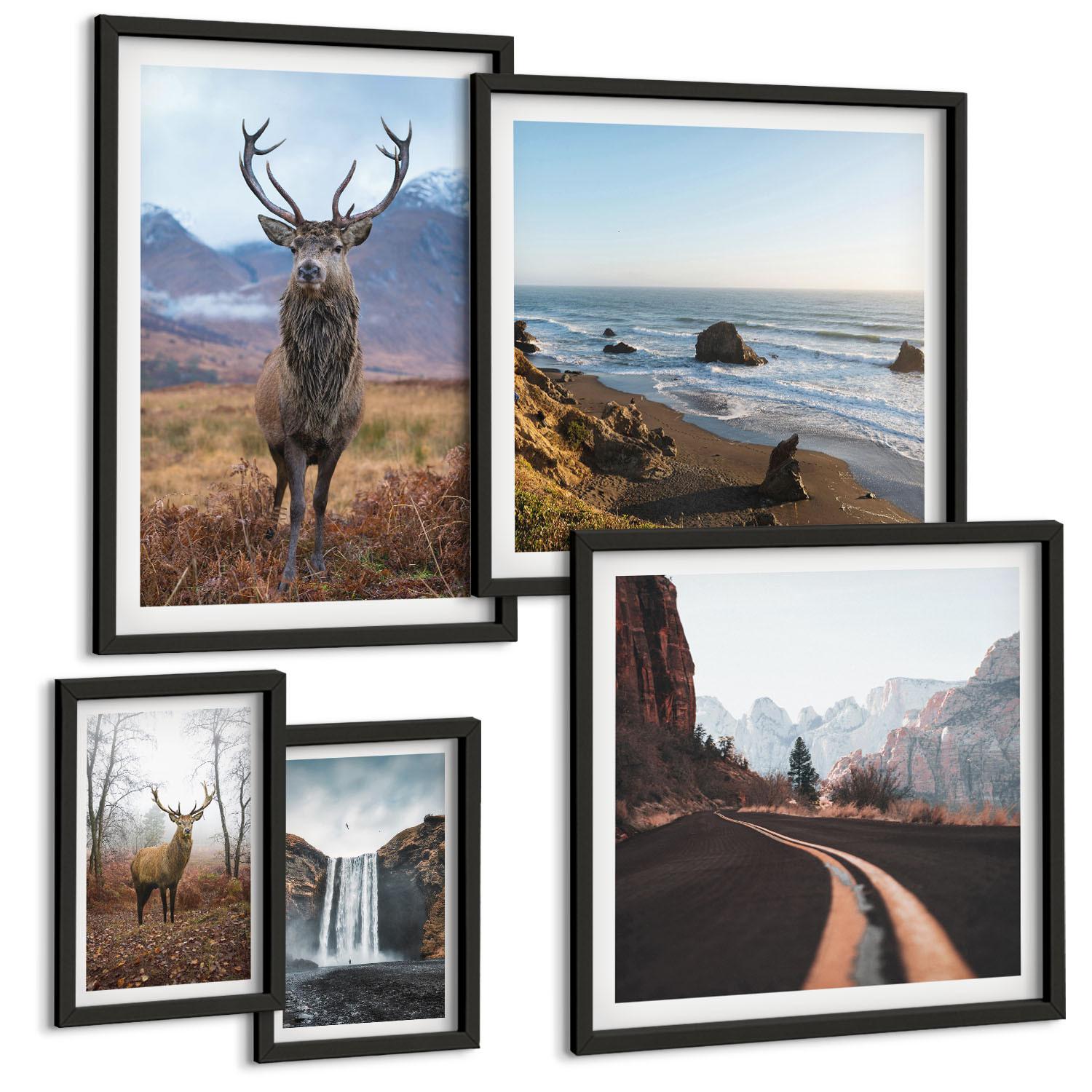 BILDER SET 5er Set - 50x50 cm & 20x30 cm & 40x60 cm Schwarzer Rahmen - Berglandschaften, Wasserfälle, Hirsche, Strände - Schwarz, Kunststoff (40/60cm) - TULUP