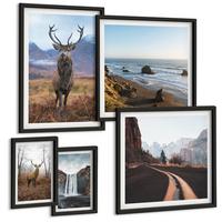 BILDER SET 5er Set - 50x50 cm & 20x30 cm & 40x60 cm Schwarzer Rahmen - Berglandschaften, Wasserfälle, Hirsche, Strände - Schwarz, Kunststoff (40/60cm) - TULUP
