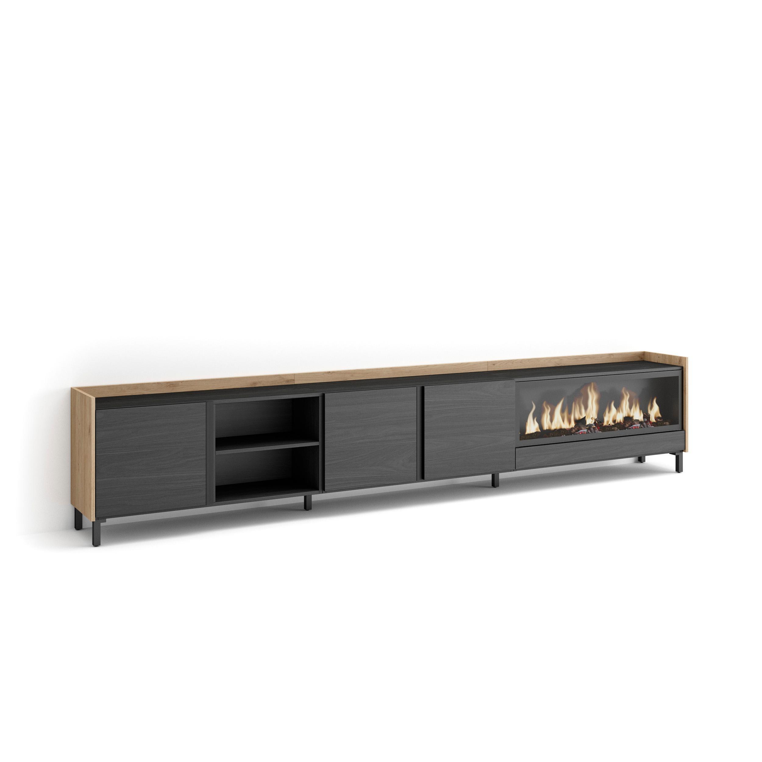 LOWBOARD, Schwarz und Eiche, 315/35/61cm, Kamin mit Feuereffekt XXL - Schwarz, Holzwerkstoff (315/61/35cm) - Skraut Home