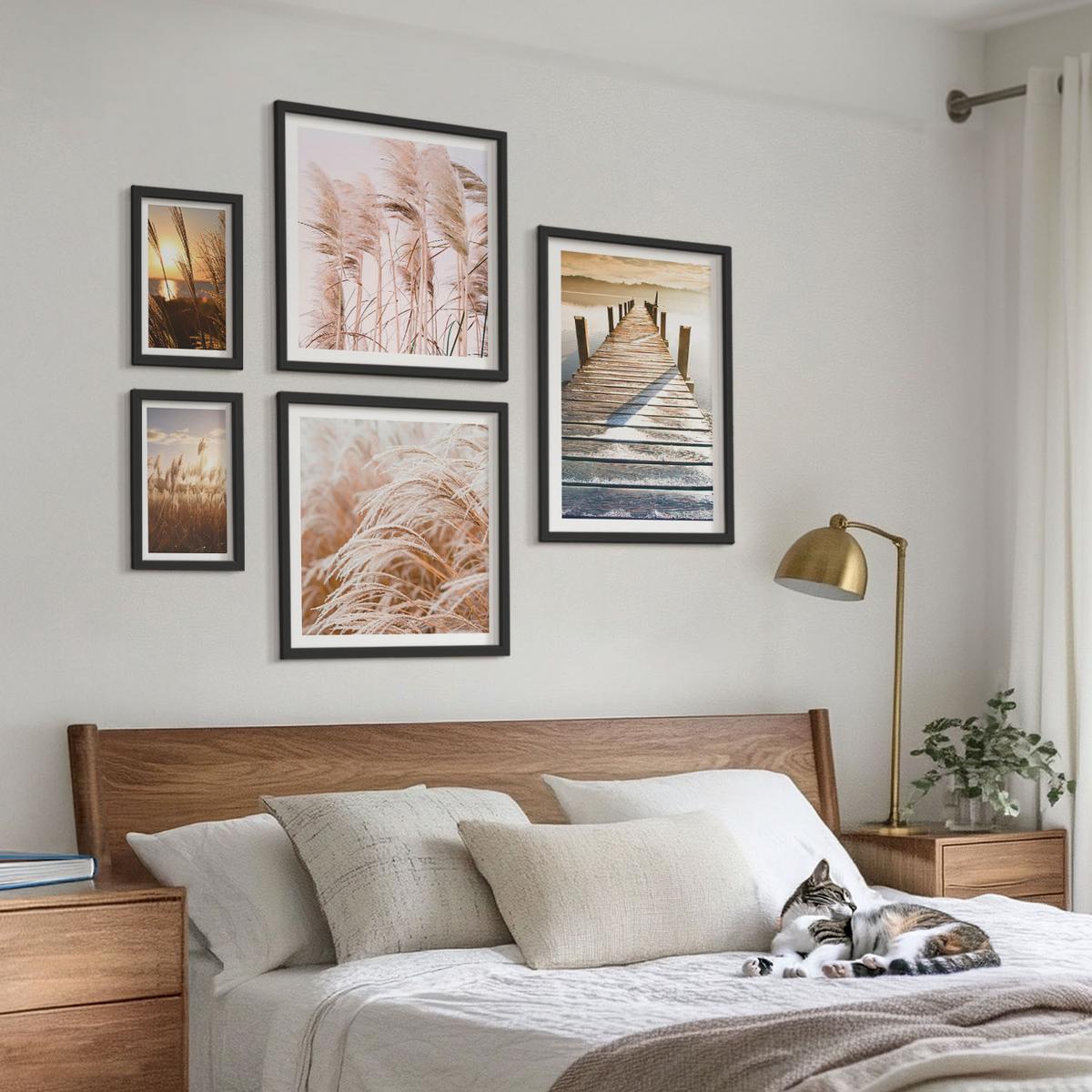 BILDER SET 5er Set - 50x50 cm & 20x30 cm & 40x60 cm Schwarzer Rahmen - Boho-Grasfeld-Sonnenuntergang - Schwarz, Kunststoff (40/60cm) - TULUP