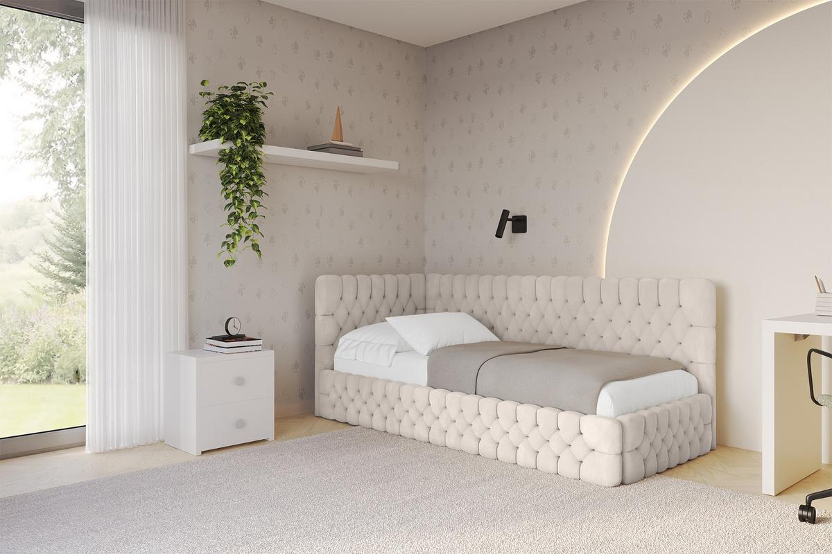 EINZELLBETT Jugendbett mit Bettkasten, Rechts - MULY 100x200 Beige - Sandfarben, Holzwerkstoff/Textil (100/200cm) - ALTDECOR