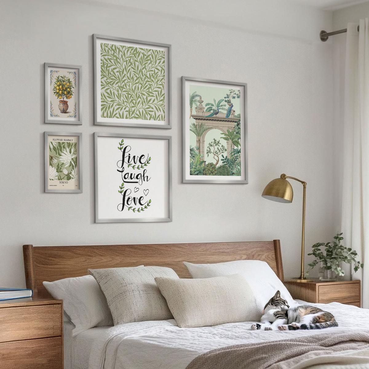 BILDER SET 5er Set - 50x50 cm & 20x30 cm & 40x60 cm Silberner Rahmen - Grüne Blätter exotischer Pflanzen - Silberfarben, Kunststoff (40/60cm) - TULUP