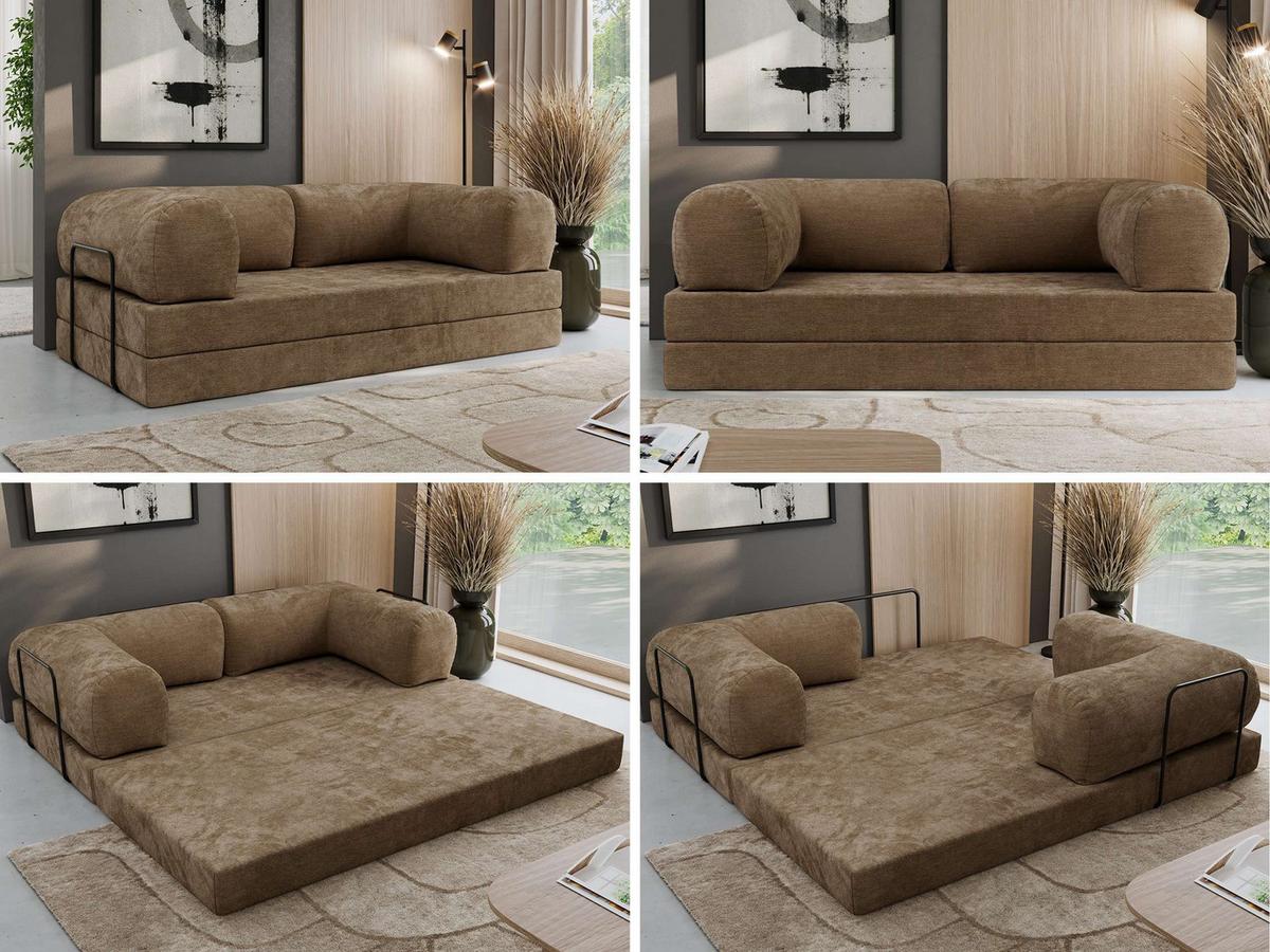 3-SITZER SOFA ORSETTO - Hellbraun Schenille glatt - Hellbraun/Schwarz, Textil/Metall (200/70/100cm) - MKS
