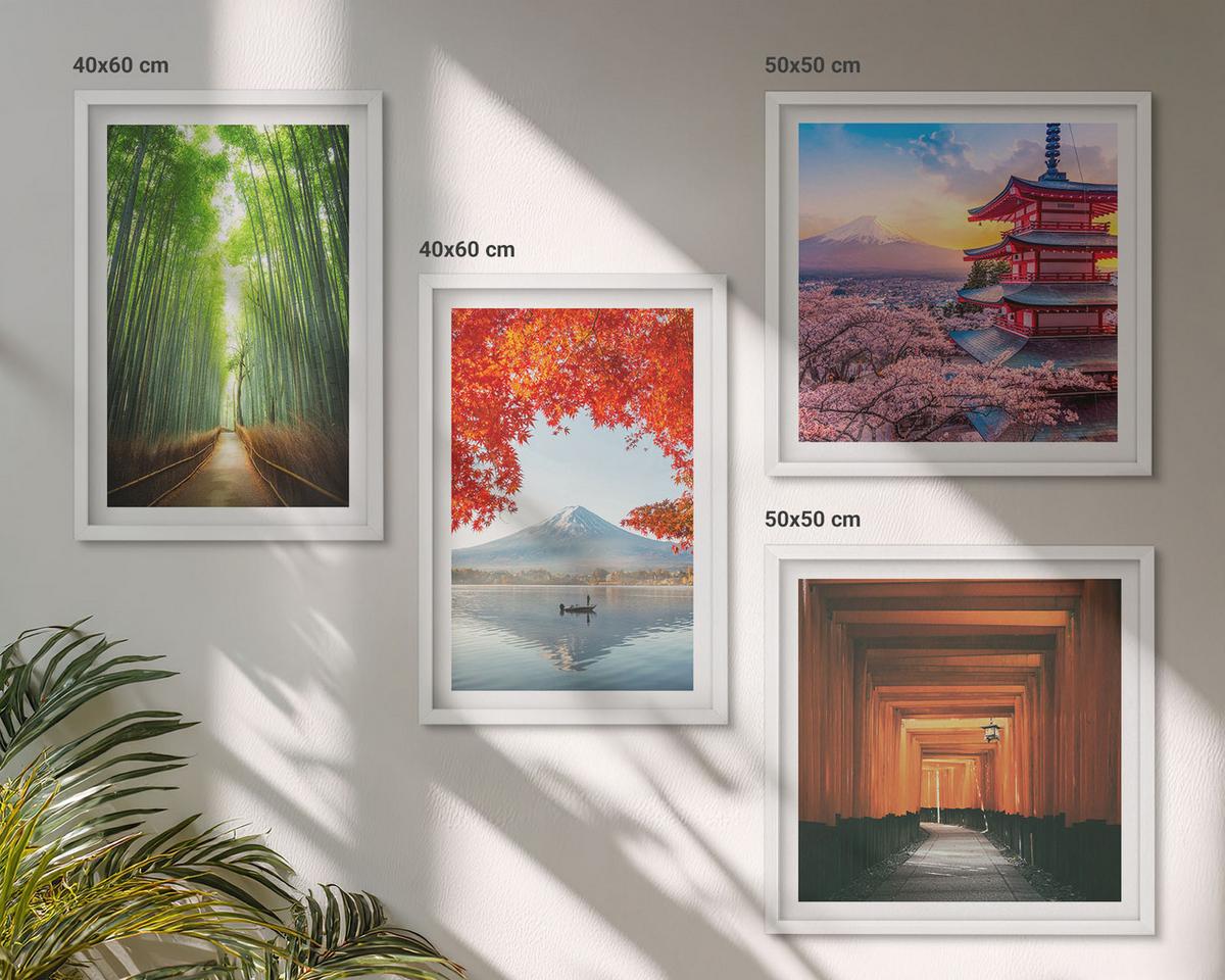 BILDER SET 4er Set - 50x50 cm & 40x60 cm Weißer Rahmen - Fuji-Torii-Bambuswald, Japan - Weiß, Kunststoff (50/50cm) - TULUP