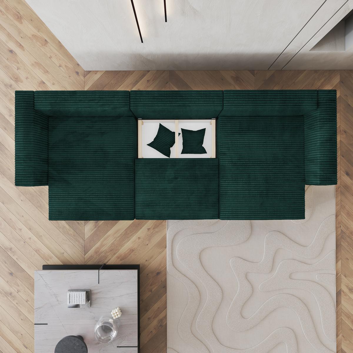 WOHNLANDSCHAFT SARMO Grün Kordstoff mit Schlaffunktion - Grau/Grün, Holz/Kunststoff (347/90/148cm) - MASSENO