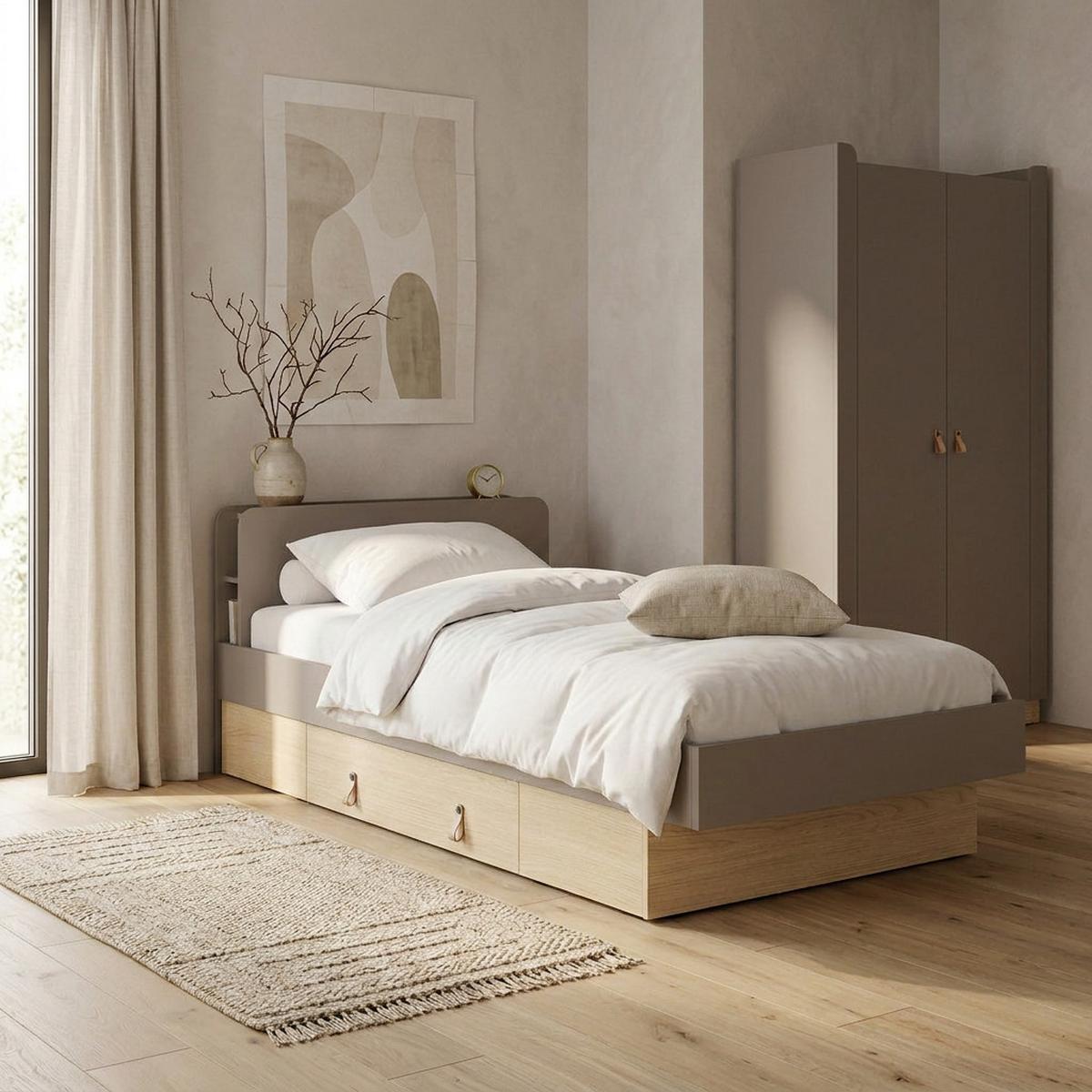BETT Sorella 90x200 cm mit Lattenrost und Bettkasten-Schublade, mit Matratze 26 cm, Porcini + Eiche Mavelie - Eichefarben/Cappuccino, Leder/Holzwerkstoff (90/200cm) - Beautysofa