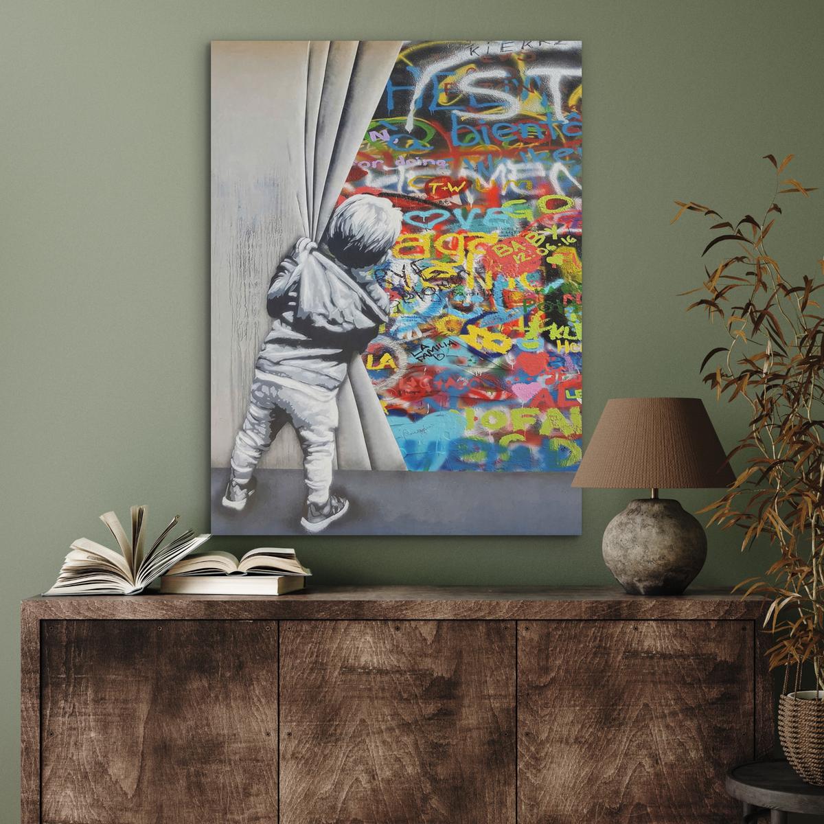 AKUSTIKBILD Graffiti - Junge - Ilussie - Straßenkunst Wandbilder 60x80 cm - Hellgrau, Textil (60/80/0.9cm) - MuchoWow