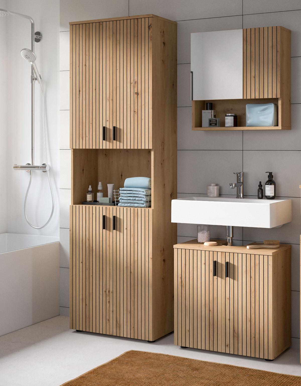 HOCHSCHRANK Eiche Artisan 60 x 192 cm, Badezimmer Schrank mit 8 Fächern - Schwarz/Eiche Artisan, Holzwerkstoff/Kunststoff (60/192/30cm) - Inn.Furn