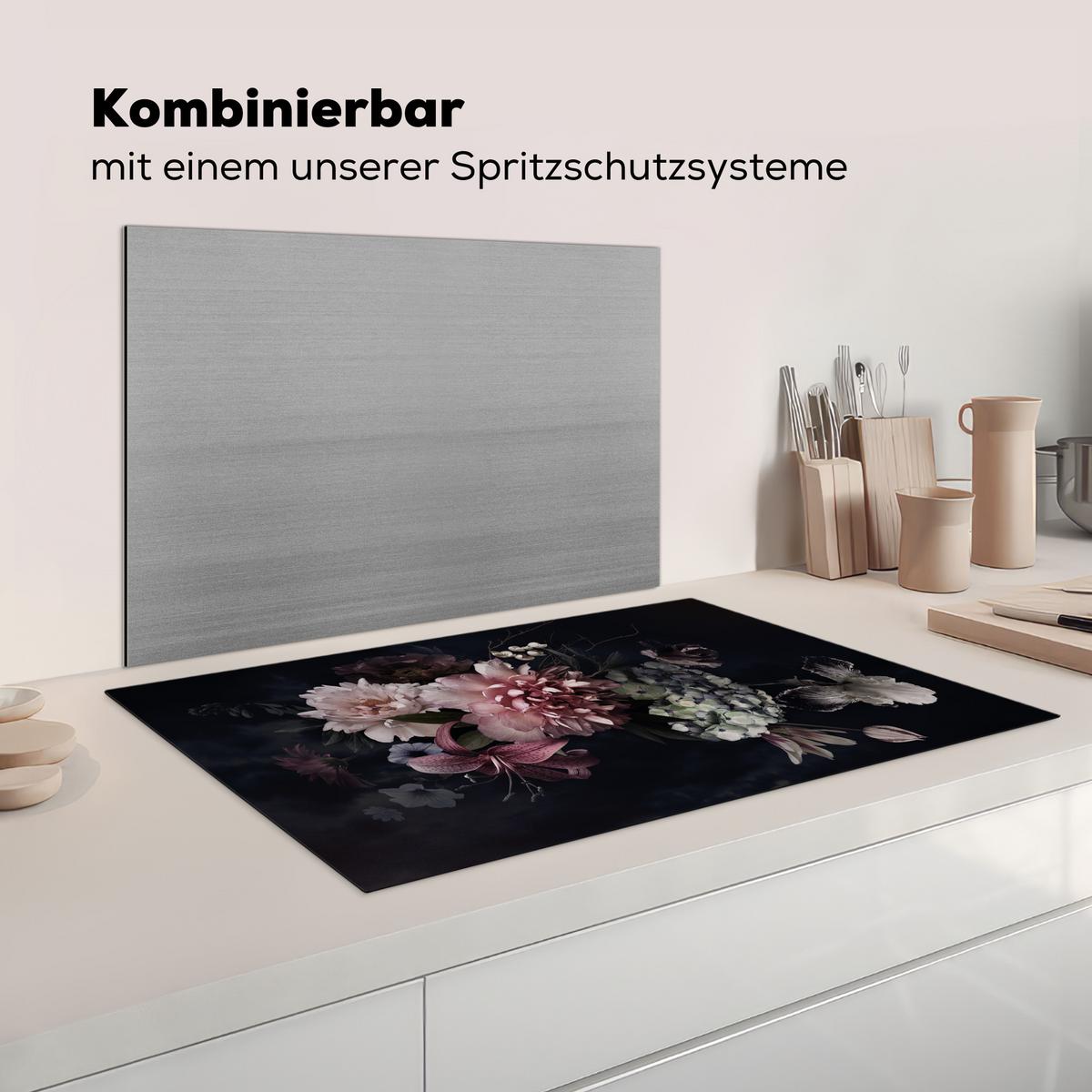 HERDABDECKPLATTE Blumen - Vintage - Pastell - Rosa - Weiß Ceranfeldabdeckung 85x52 cm - Altrosa, Kunststoff (85/52/0.2cm) - MuchoWow