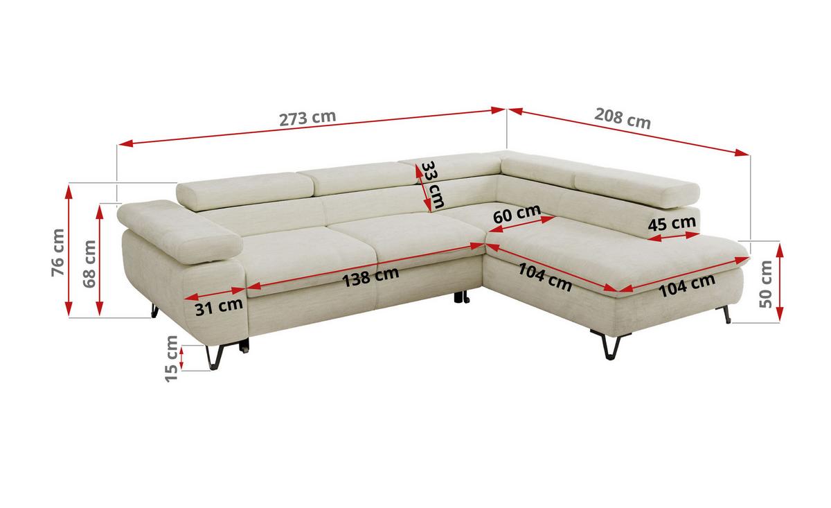 ECKSOFA PABLO L Creme Schenille glatt - Links Seite - Creme/Schwarz, Textil/Metall (208/273cm) - MKS