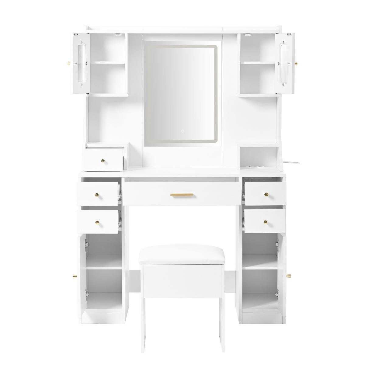 SCHMINKTISCH Weiß mit LED-Spiegel, Steckdosen & Hocker - Weiß, Holzwerkstoff (105/152/40cm) - Urban Meuble