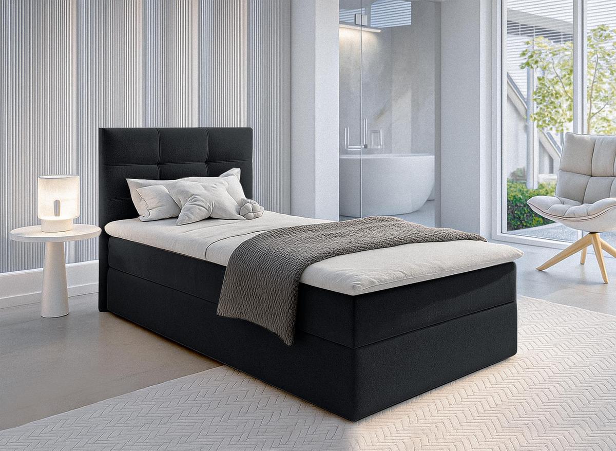 BOXBETT GECETENI 80x200 cm mit Bettkasten und Matratze - Schwarz + TOPPER - Schwarz, Holz/Holzwerkstoff (80/200cm) - AX Living