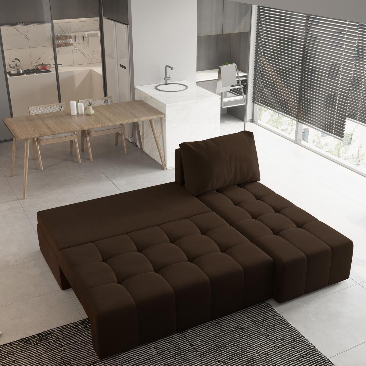 ECKSOFA DOMIRA Braun Plüsch-Stoff mit Schlaffunktion - Braun, Holz (200/141cm) - MASSENO