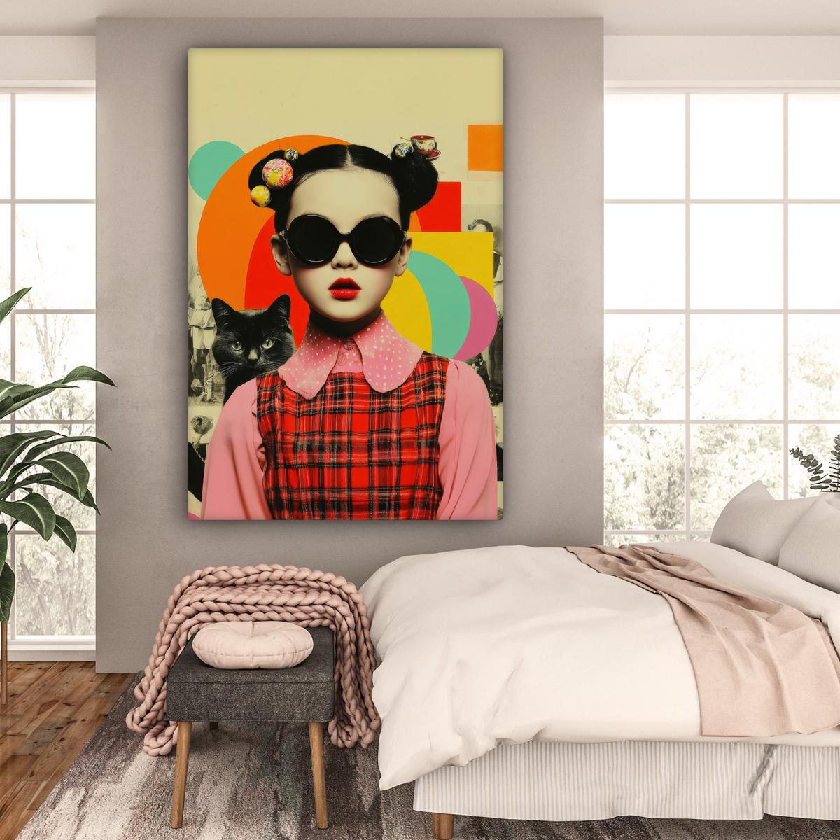 LEINWANDBILD Mädchen - Sonnenbrille - Katze - Retro Deko Groß 90x140 cm - Beige, Textil (90/140cm) - MuchoWow