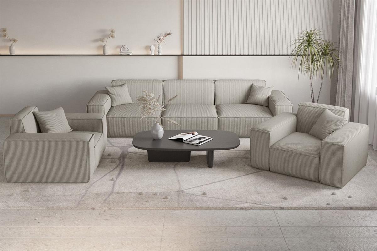 SOFASET Celes Premium 3-1-1 Stoff Scala - Hellgrau, Holzwerkstoff/Textil (225/73/88cm) - Fun Möbel