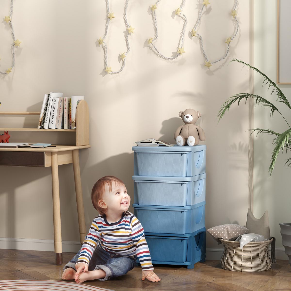 SCHUBLADENSCHRANK für Kinder mit Stauraum Aufbewahrungsboxen vier Ebene - Blau, Kunststoff (37/76/37cm) - HOMCOM