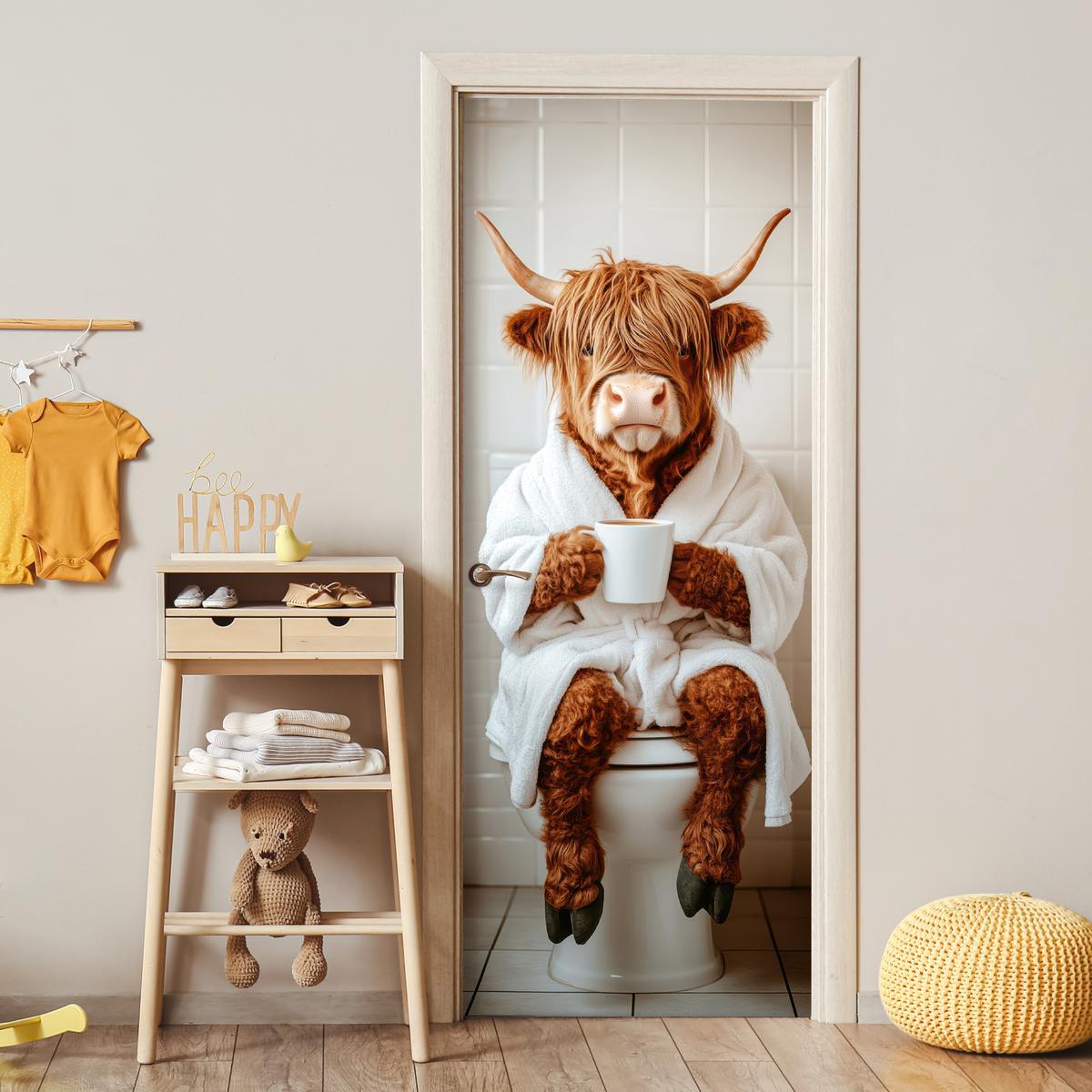 TÜRAUFKLEBER Schottischer Highlander - WC - Bademantel - Modern - Tiere 90x235 cm - Türtapete - Kastanienfarben, Kunststoff (90/0.1cm) - MuchoWow