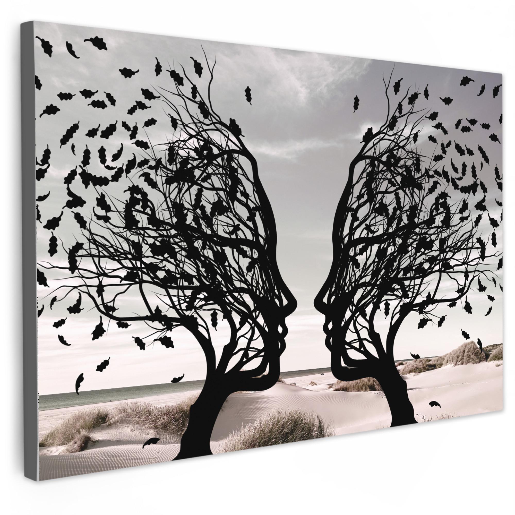LEINWANDBILD Strand - Meer - Menschen - Baum - Moderne Kunst XXL 150x100 cm - Hellgrau, Textil (150/100cm) - MuchoWow