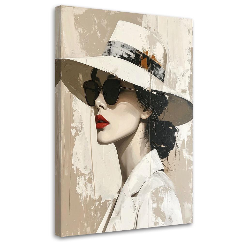 WANDBILD, Elegante Frau mit Hut in beiger Komposition - Weiß, Textil (60/90cm) - Feeby