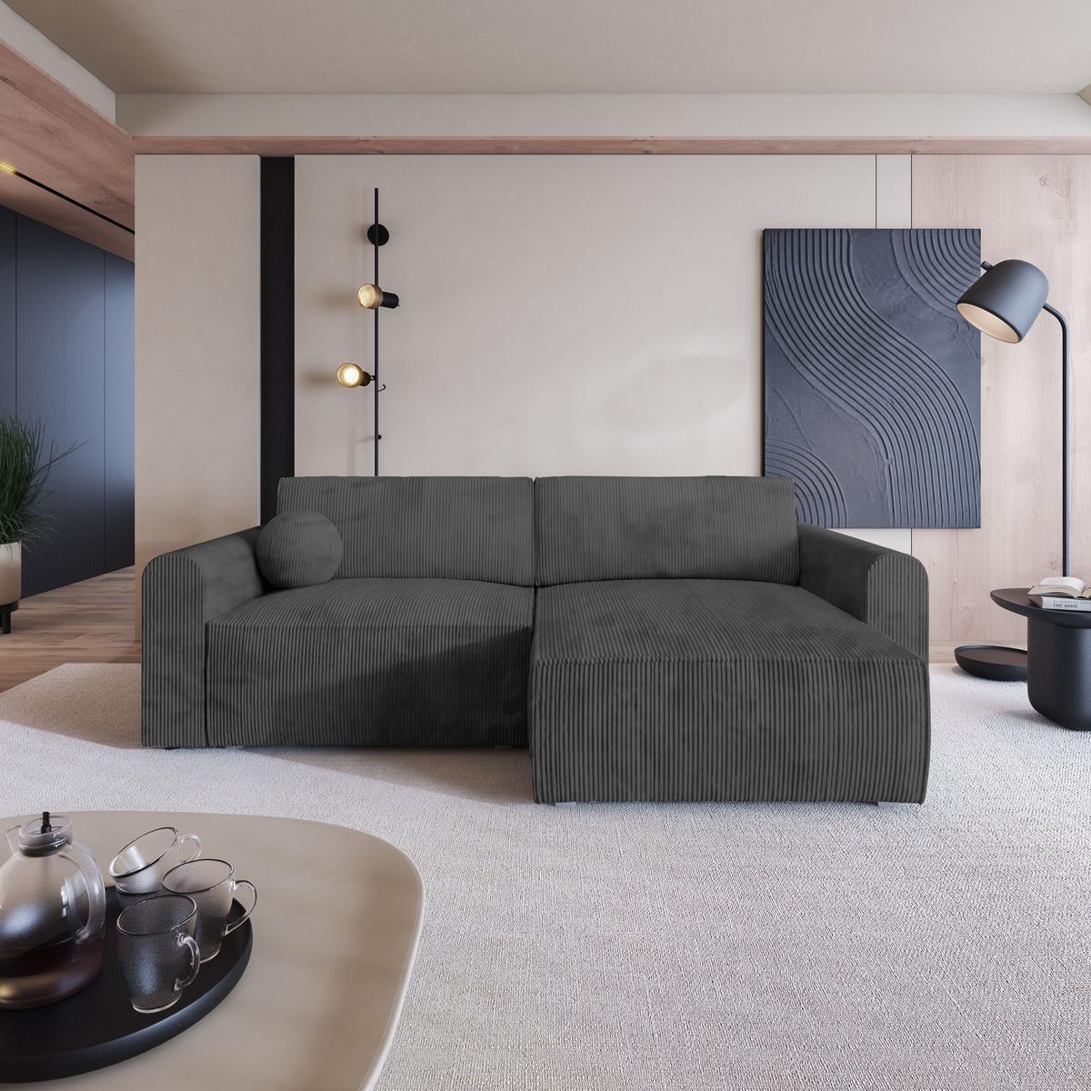 ECKSOFA FIANO P Graphitfarben Kordstoff mit Schlaffunktion - Graphitfarben/Grau, Holz/Kunststoff (245/148cm) - MASSENO