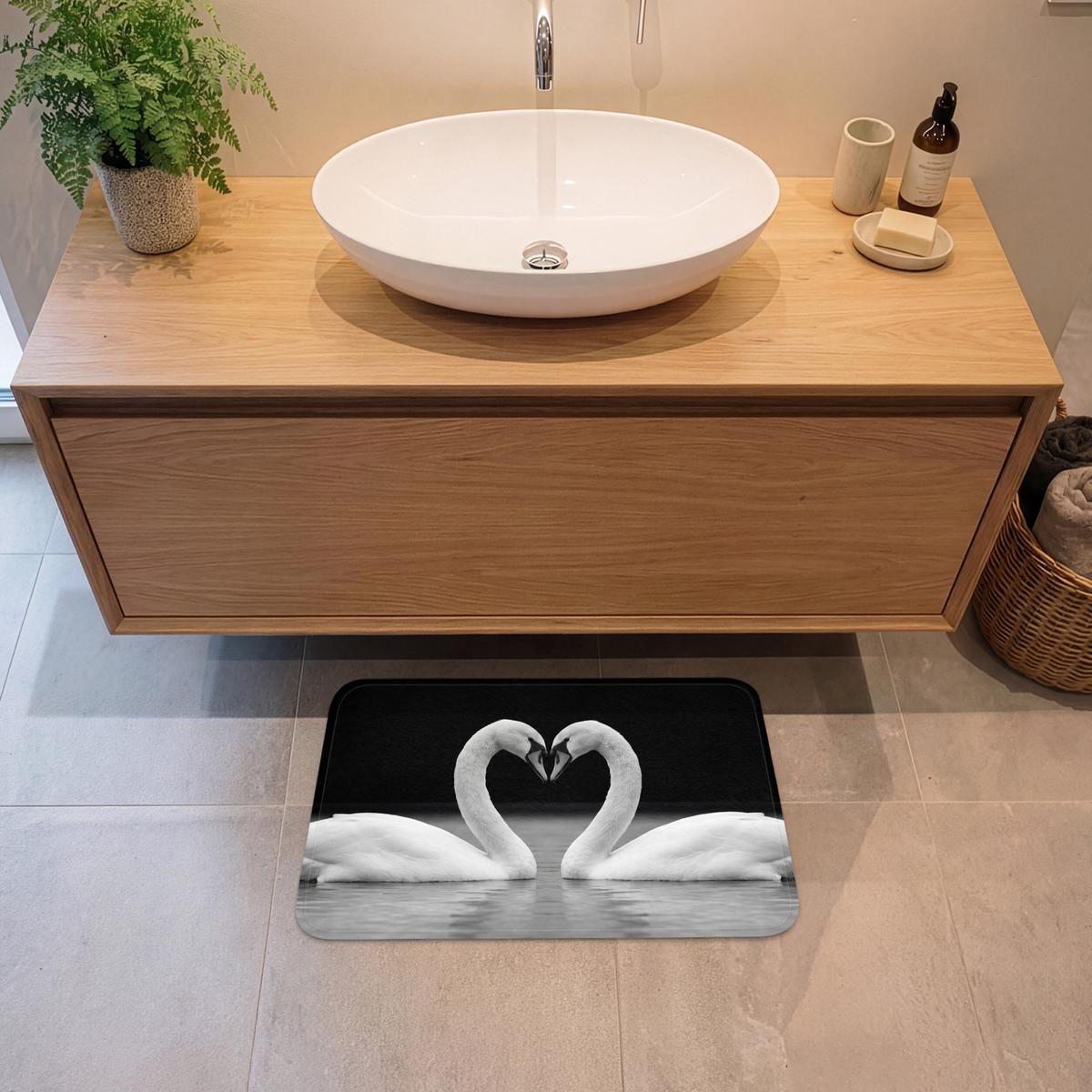 BADEMATTE Schwäne - Herz - Schwarz - Weiß 60x40 cm - Schwarz, Textil (60/40cm) - OnlyWow