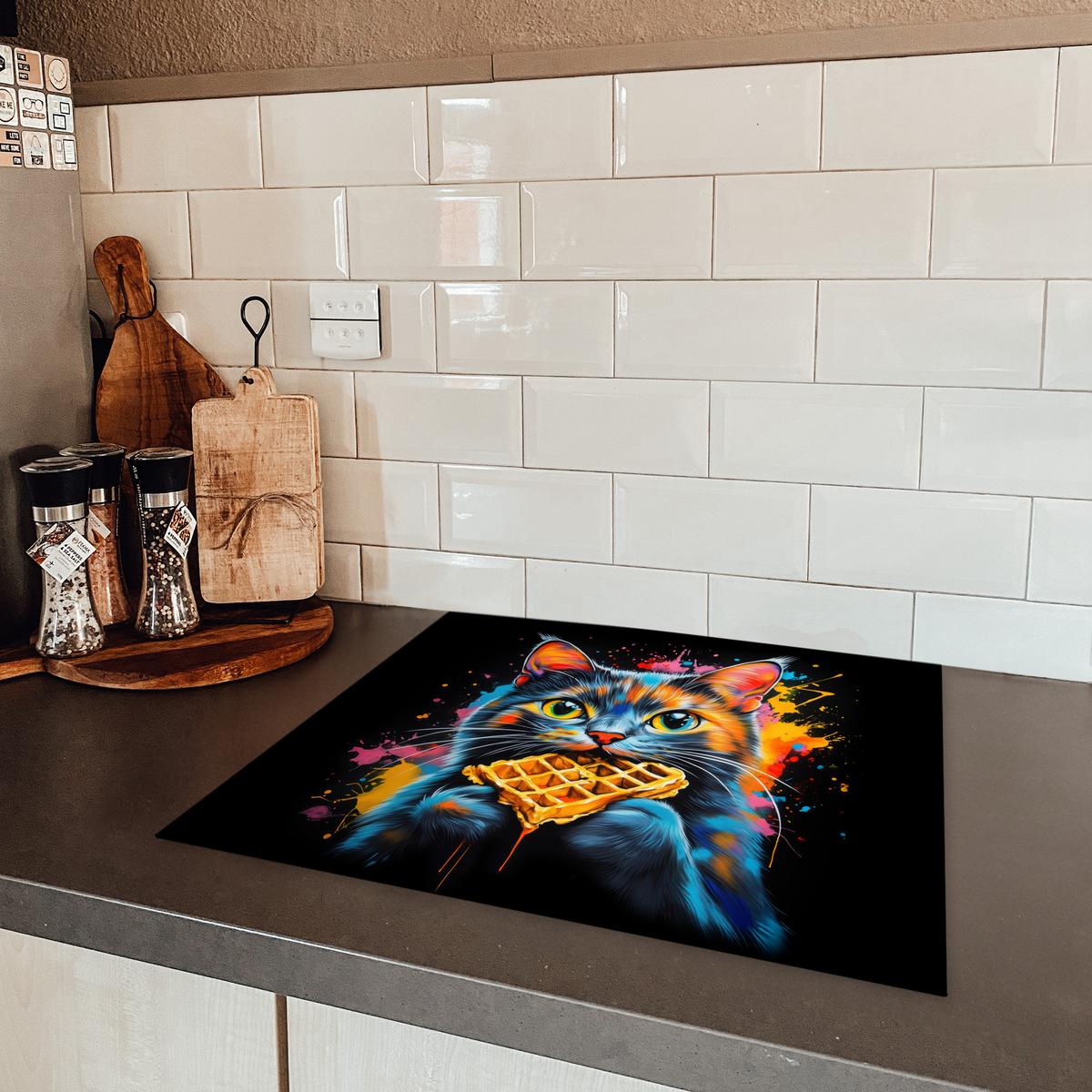 HERDABDECKPLATTE Katze - Graffiti - Bunt - Waffel - Essen Abdeckung Ceranfeld 59x51 cm - Multicolor, Kunststoff (59/51/0.2cm) - MuchoWow