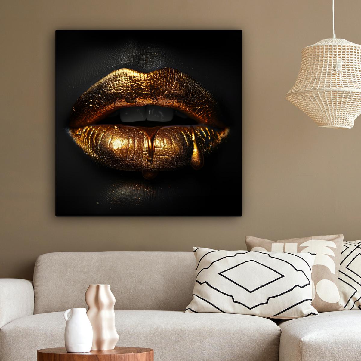 LEINWANDBILD Frau - Porträt - Lippen - Gold - Schwarz Deko Groß 90x90 cm - Schwarz, Textil (90/90cm) - MuchoWow