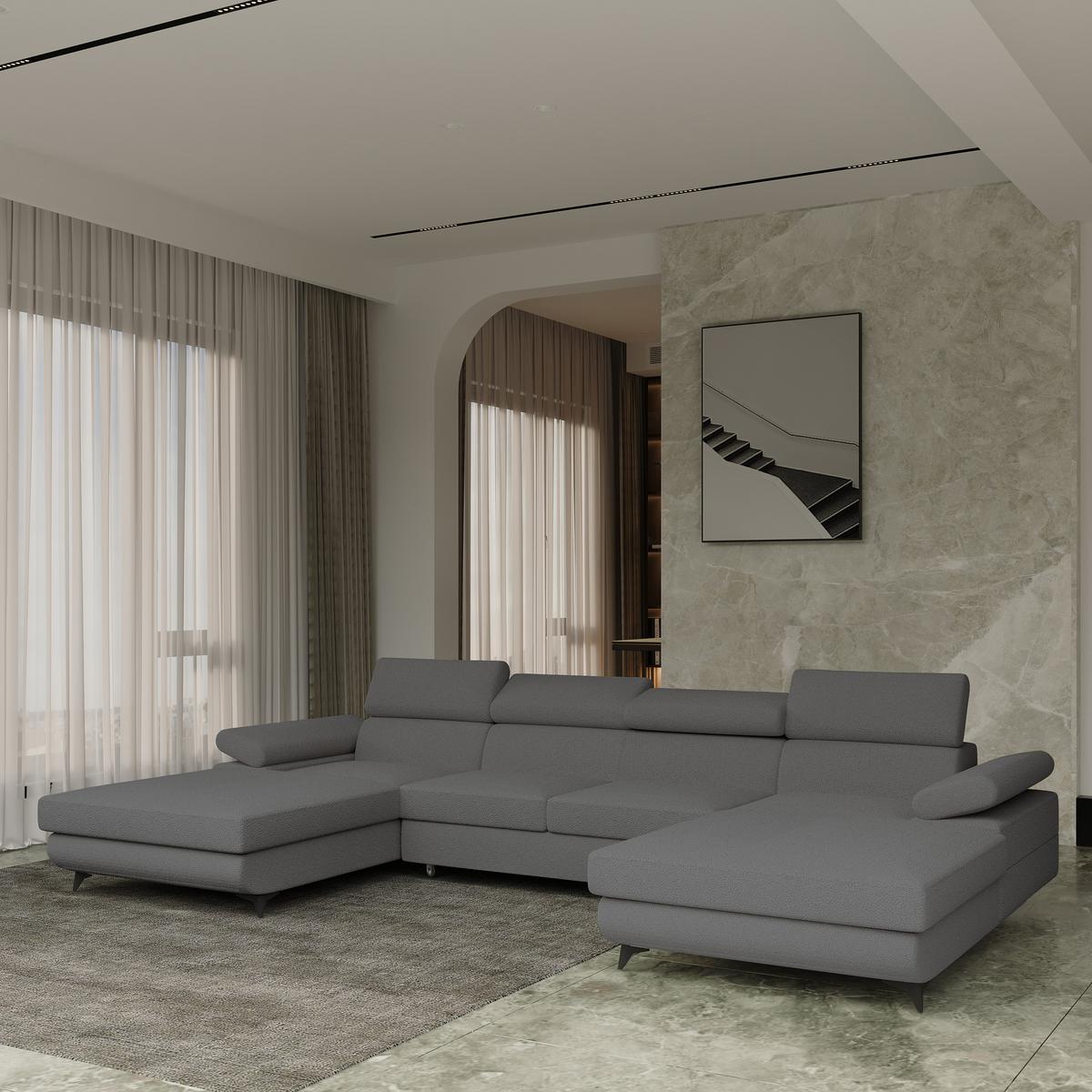 WOHNLANDSCHAFT DETTI Grau Boucle-Stoff mit Schlaffunktion - Grau, Holz (339/89/190cm) - MASSENO