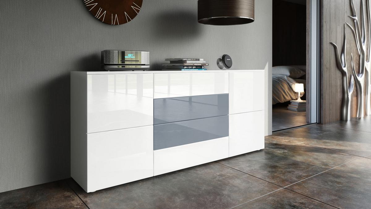 SIDEBOARD Rova Weiß Hochglanz / Grau Hochglanz - Weiß Hochglanz/Anthrazit, Holzwerkstoff (166/72/35cm) - Vladon