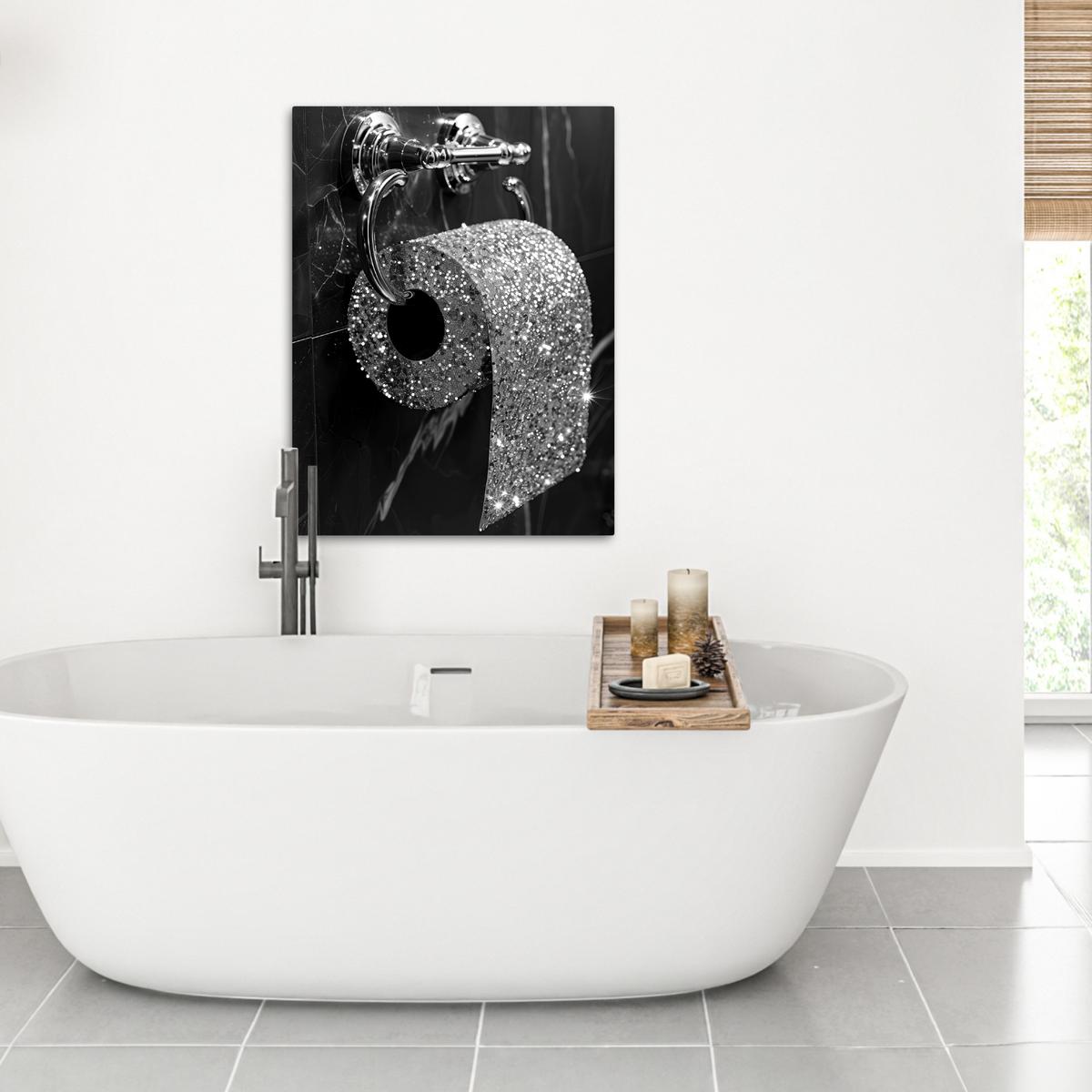 LEINWANDBILD WC - Toilettenpapier - Schwarz und weiß - Glitter Wandbild Wohnzimmer 50x70 cm - Silberfarben, Textil (50/70cm) - MuchoWow