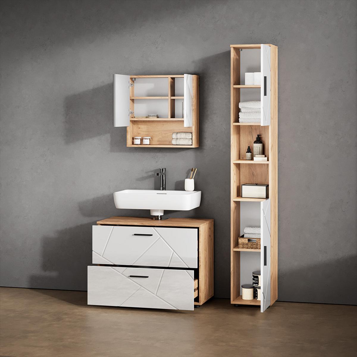 BADSPIEGELSCHRANK Ronco Weiß Hochglanz/Goldkraft Eiche 54 x 55 cm - Honigeiche/Weiß Hochglanz, Holzwerkstoff (54/55/16.9cm) - Livinity®