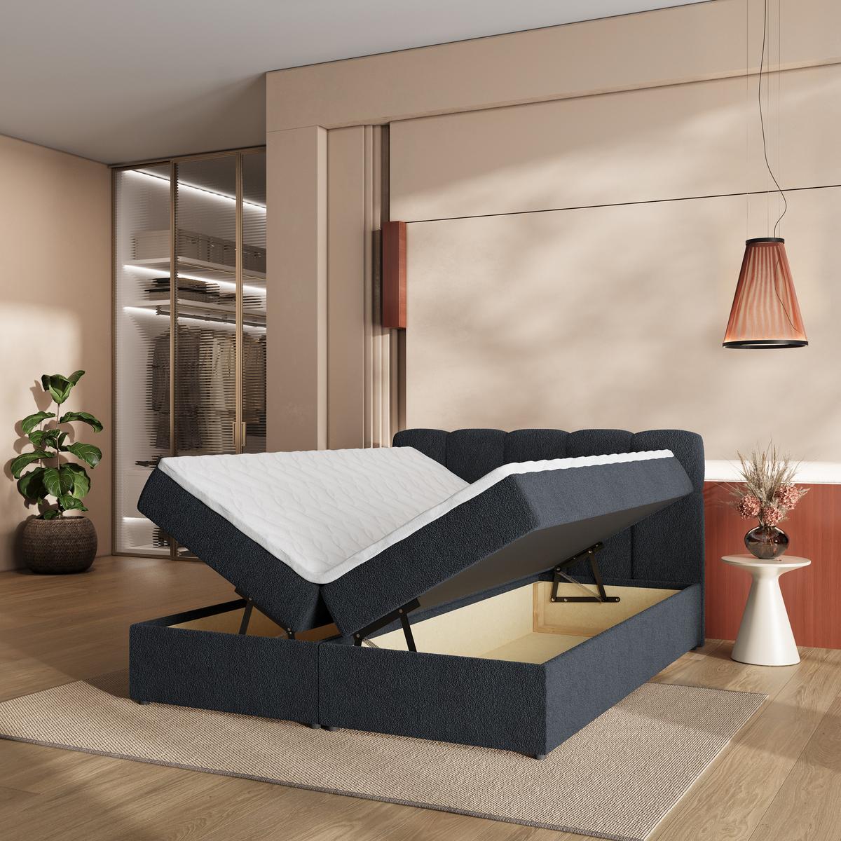 BOXBETT MERU 140x200 cm mit Matratze und Topper - Schwarz - Schwarz, Holz (140/200cm) - MASSENO