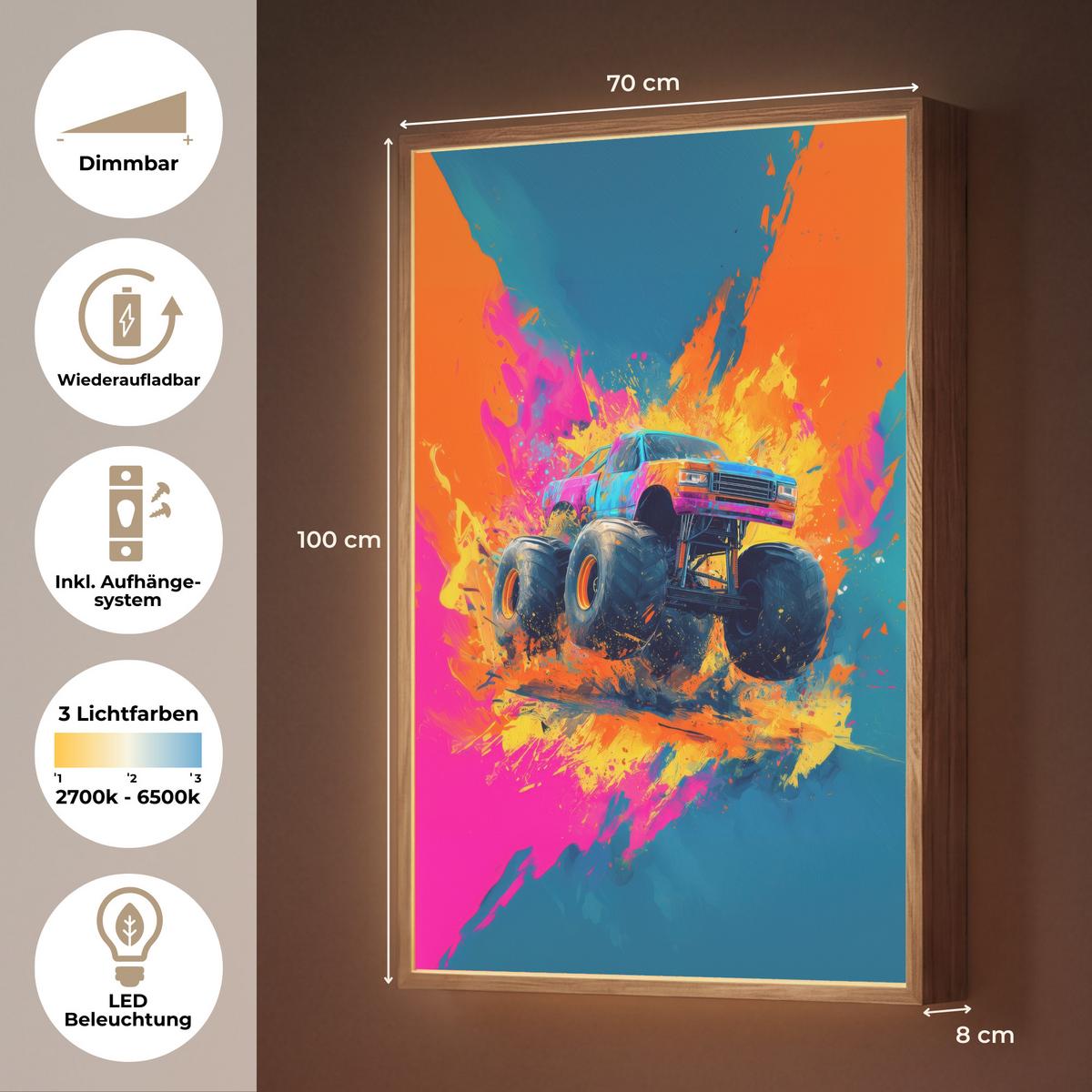 NACHTTISCHLAMPE MIT AKKU Monstertruck - Abstrakt - Farbspritzer - Farbenfroh 70x100 cm - Pink, Holzwerkstoff (8/70/100cm) - OnlyWow