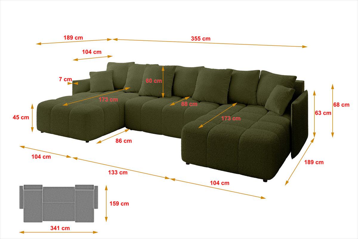 WOHNLANDSCHAFT LONLI-U 355x189x68 Grün Bouclé - Olivgrün, Holzwerkstoff/Kunststoff (355/68/189cm) - ALTDECOR