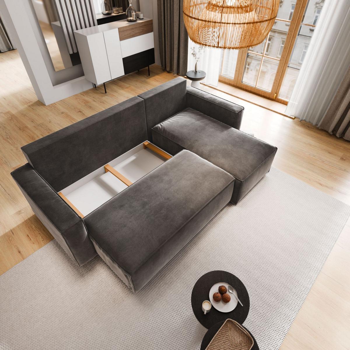 ECKSOFA SILES Grau Velours-Stoff mit Schlaffunktion - Grau, Holz/Kunststoff (230/140cm) - MASSENO