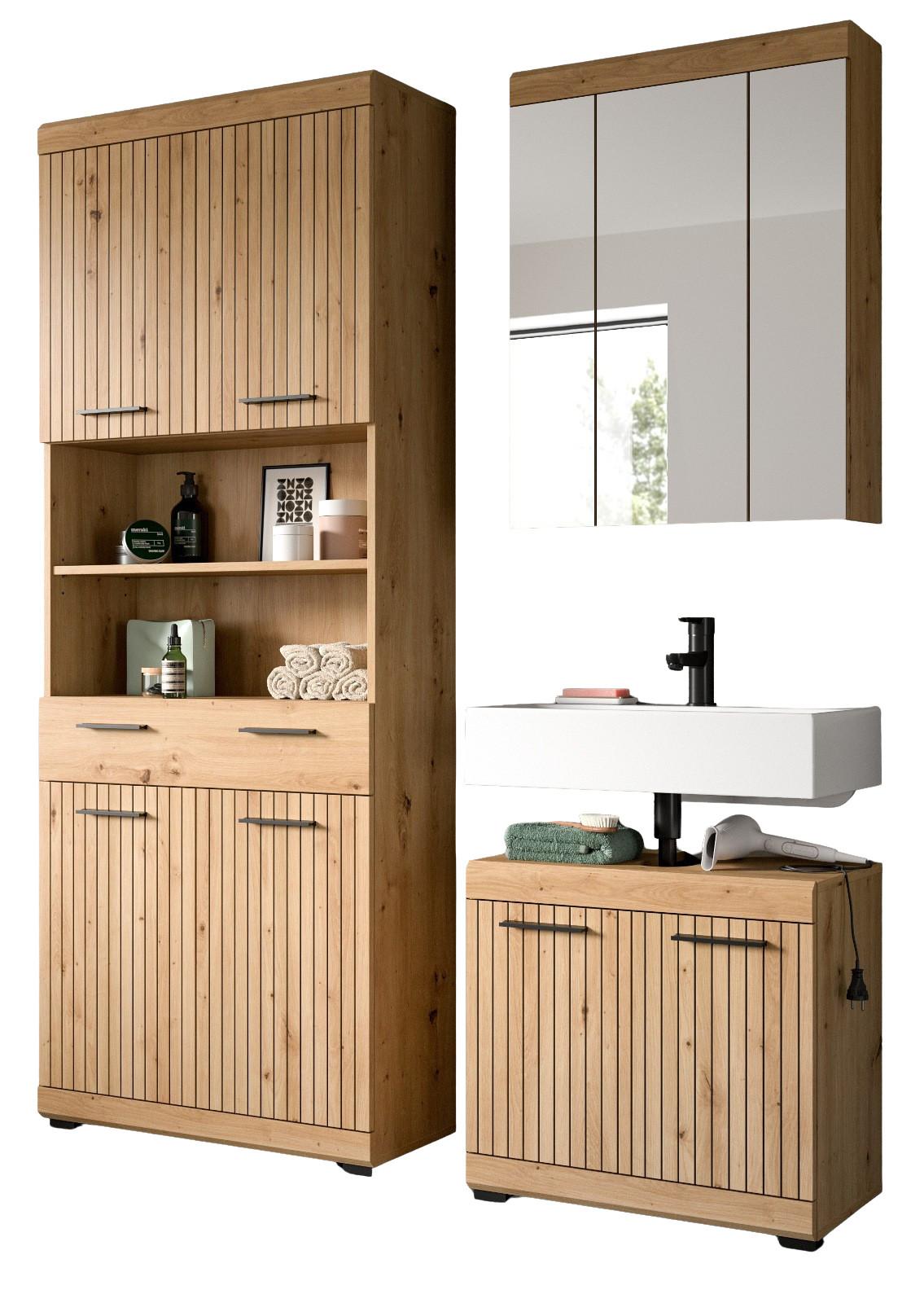 BADMÖBEL-SET Eiche Artisan 149 x 191 cm 3-teilig, Badkombination modernes Design - Schwarz/Eiche Artisan, Glas/Holzwerkstoff (149/191/34cm) - Inn.Furn