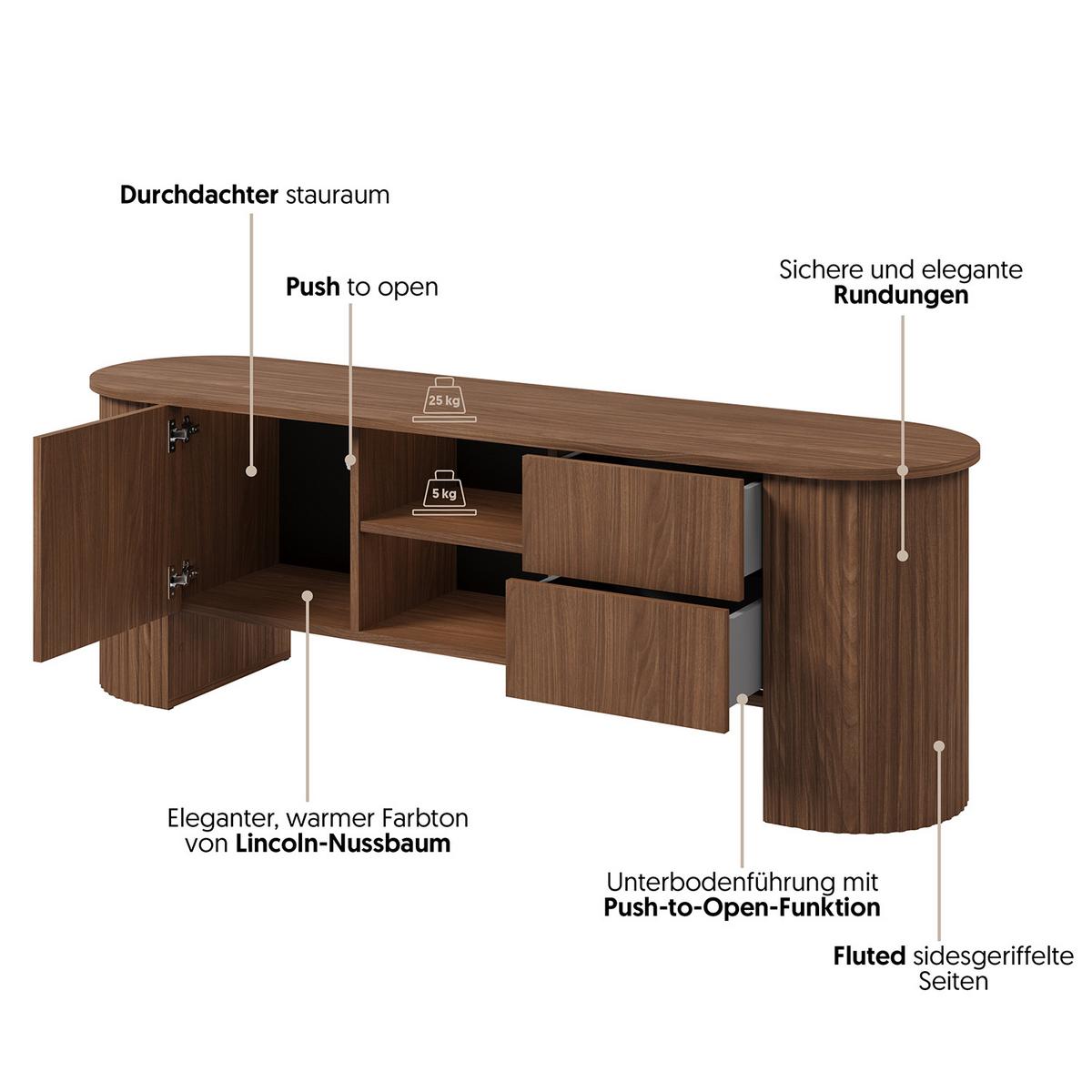 LOWBOARD Carlo mit 1 Tür und 2 Schubladen mit geriffelte Seiten 180 cm, Walnuss - Walnussfarben, Holzwerkstoff (180/60/45cm) - Beautysofa