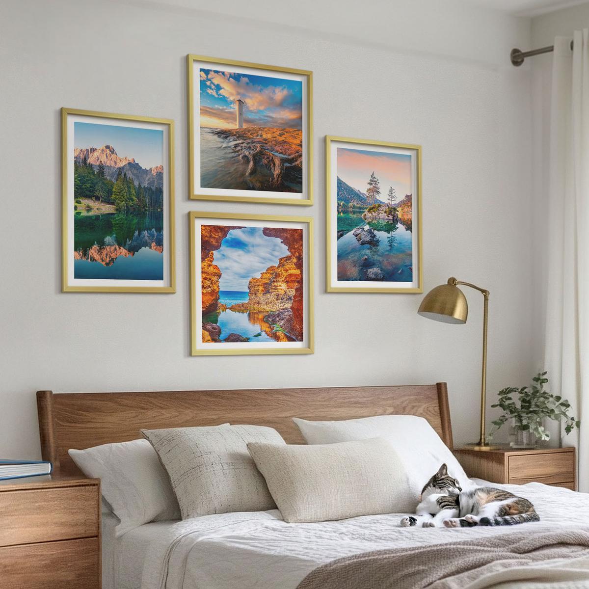 BILDER SET 4er Set - 50x50 cm & 40x60 cm Goldrahmen - Spiegelung der Felsen in Bergseen - Goldfarben, Kunststoff (50/50cm) - TULUP