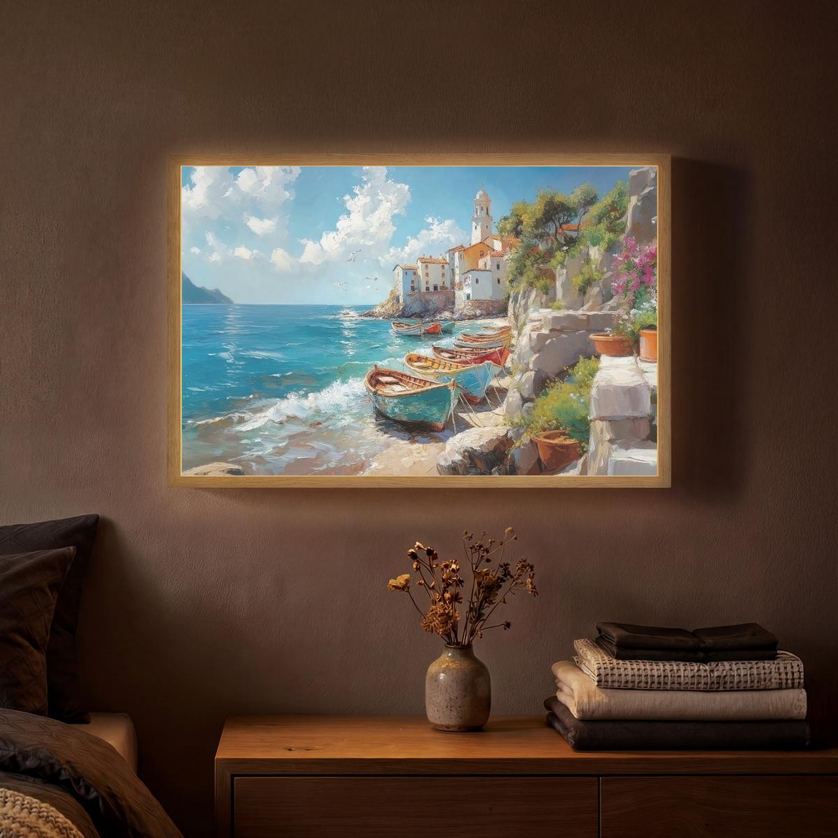 WANDLEUCHTE MIT AKKU Boote - Felsen - Meer - Sonne 60x40 cm - Blau, Holzwerkstoff (60/40/8cm) - OnlyWow