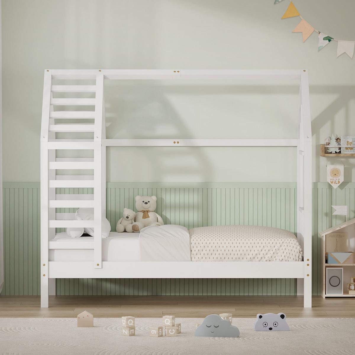 KINDERBETT 70x140 cm mit Lattenrost Dach und Fenster Hausbett aus massivem Kiefernholz Weiß - Weiß, Holz (70/140cm) - ML-DESIGN