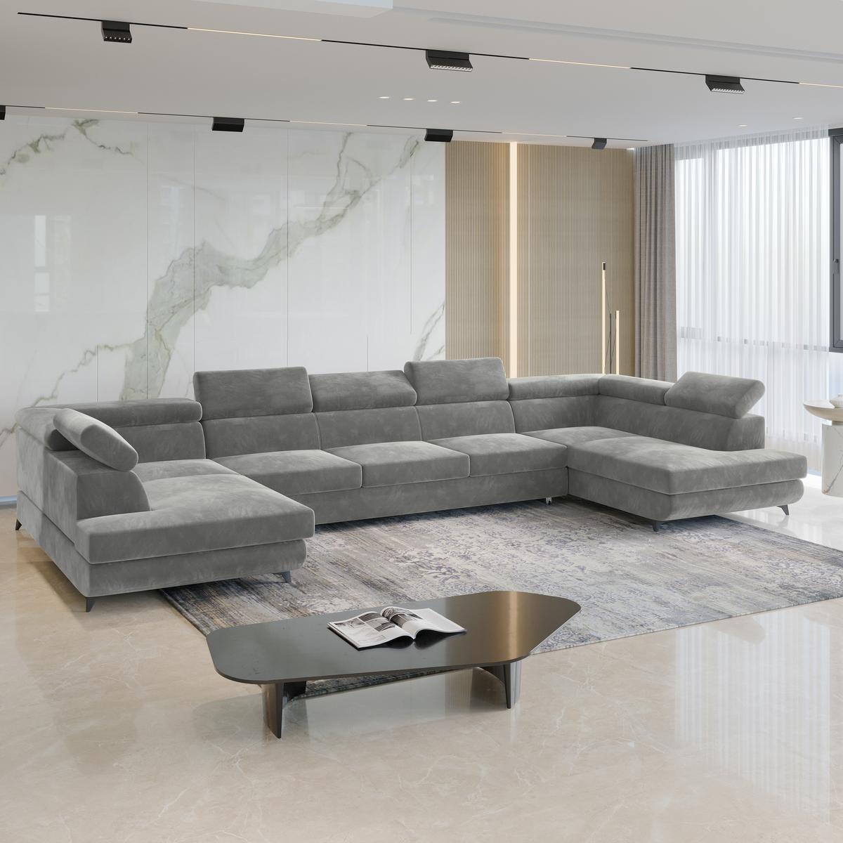 WOHNLANDSCHAFT URMANO Hellgrau Velours-Stoff mit Schlaffunktion - Hellgrau, Holz (395/89/190cm) - MASSENO